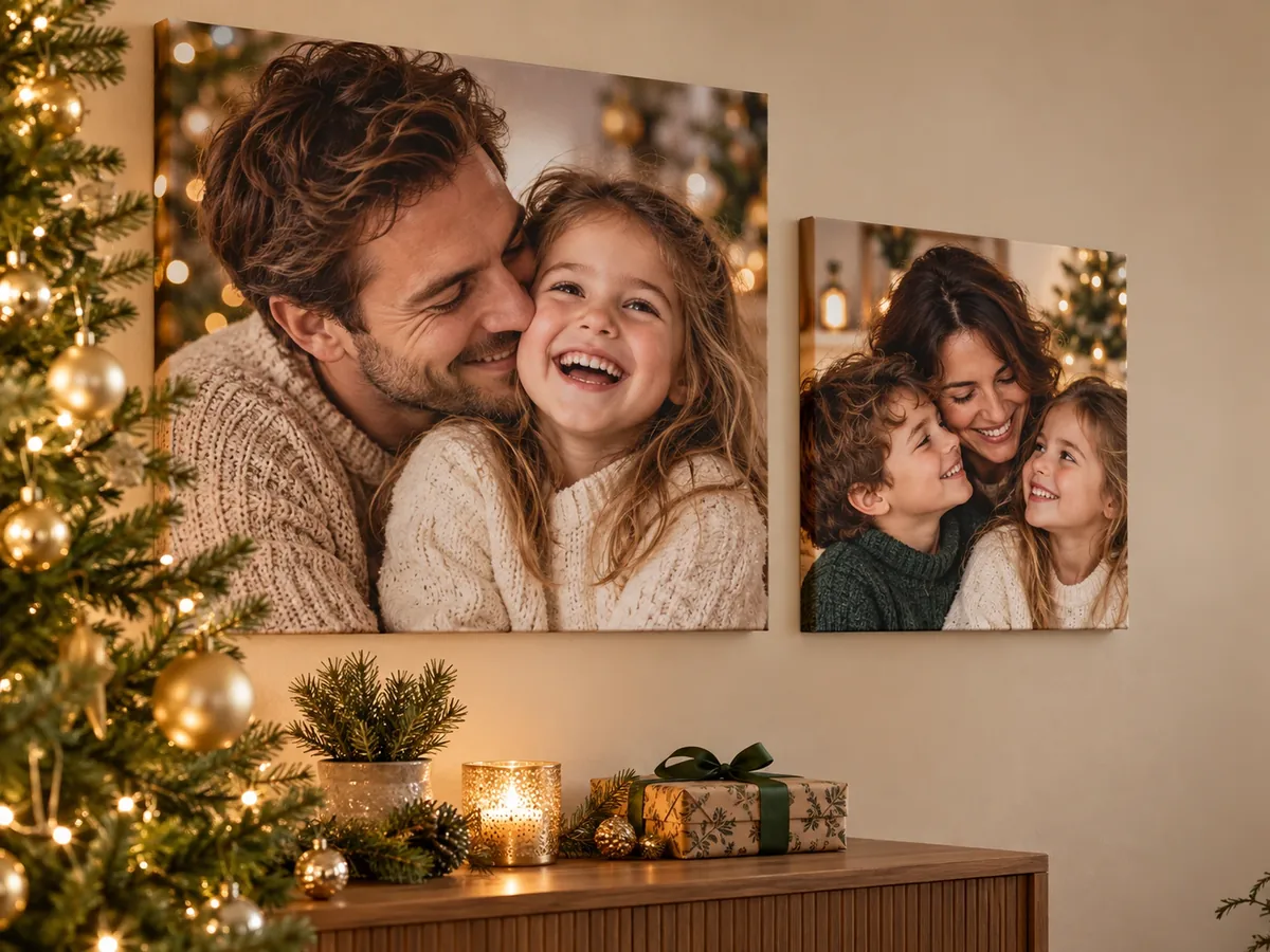 Zwei Familienfotos als Leinwände neben dem Weihnachtsbaum
