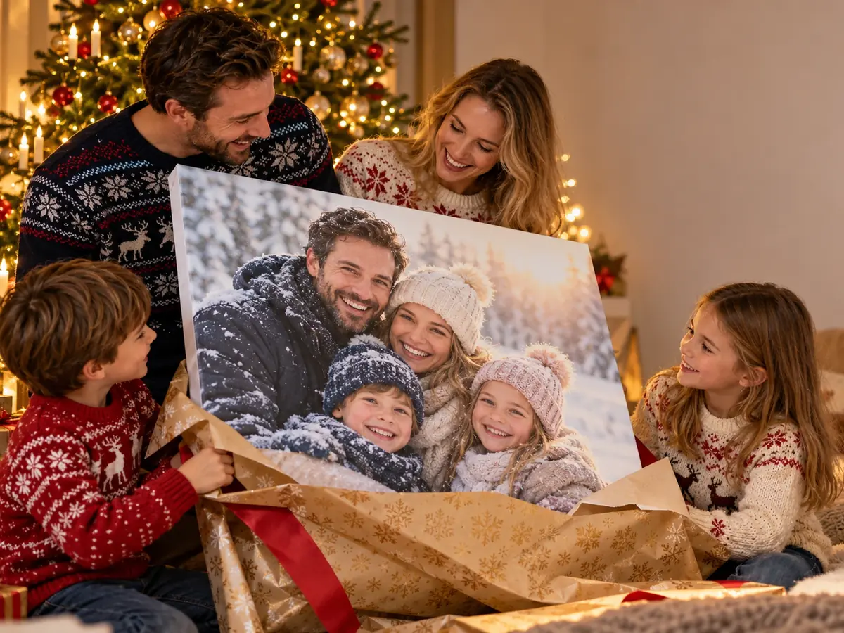 Familie packt eine Leinwand mit Winterfoto zu Weihnachten aus