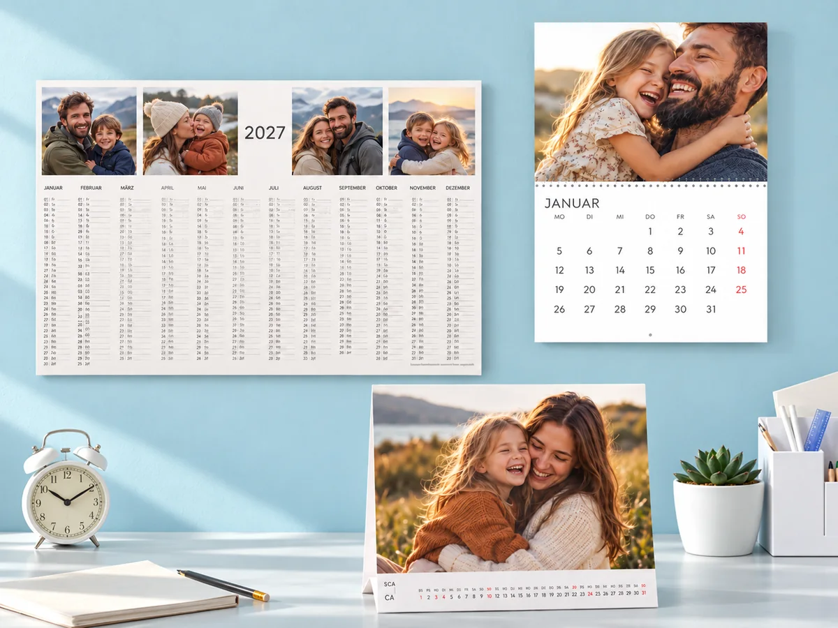 Jahresplaner, Wandkalender und Tischkalender am Schreibtisch