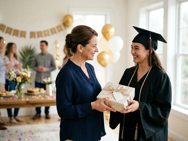 Mutter überreicht ihrer Tochter im Talar ein Geschenk zum Abschluss