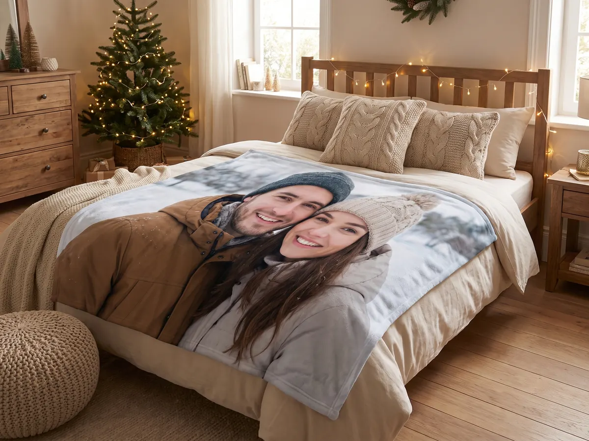 Fotodecke mit Paarfoto auf einem Bett mit Lichterkette