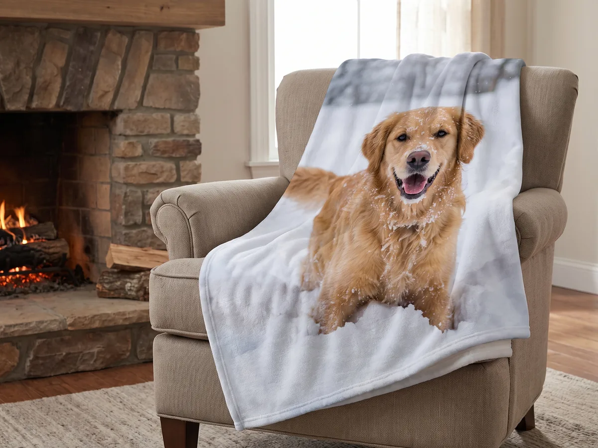 Fotodecke mit Hundefoto auf einem Sessel