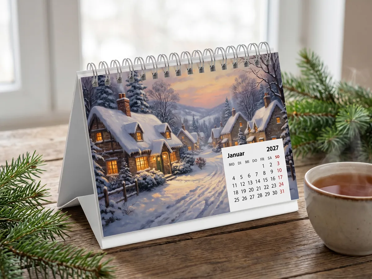 Tischkalender mit Winterfoto auf einem Schreibtisch