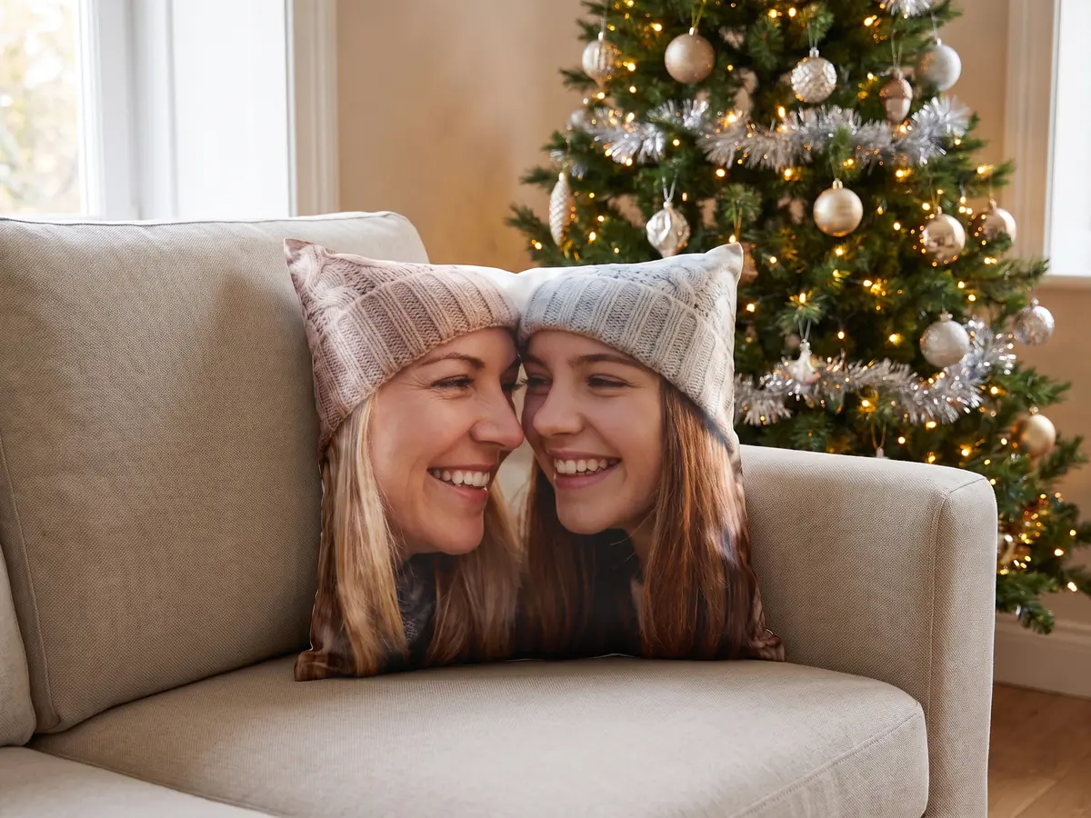 Fotokissen mit Familienfoto auf einem Sofa vor dem Weihnachtsbaum