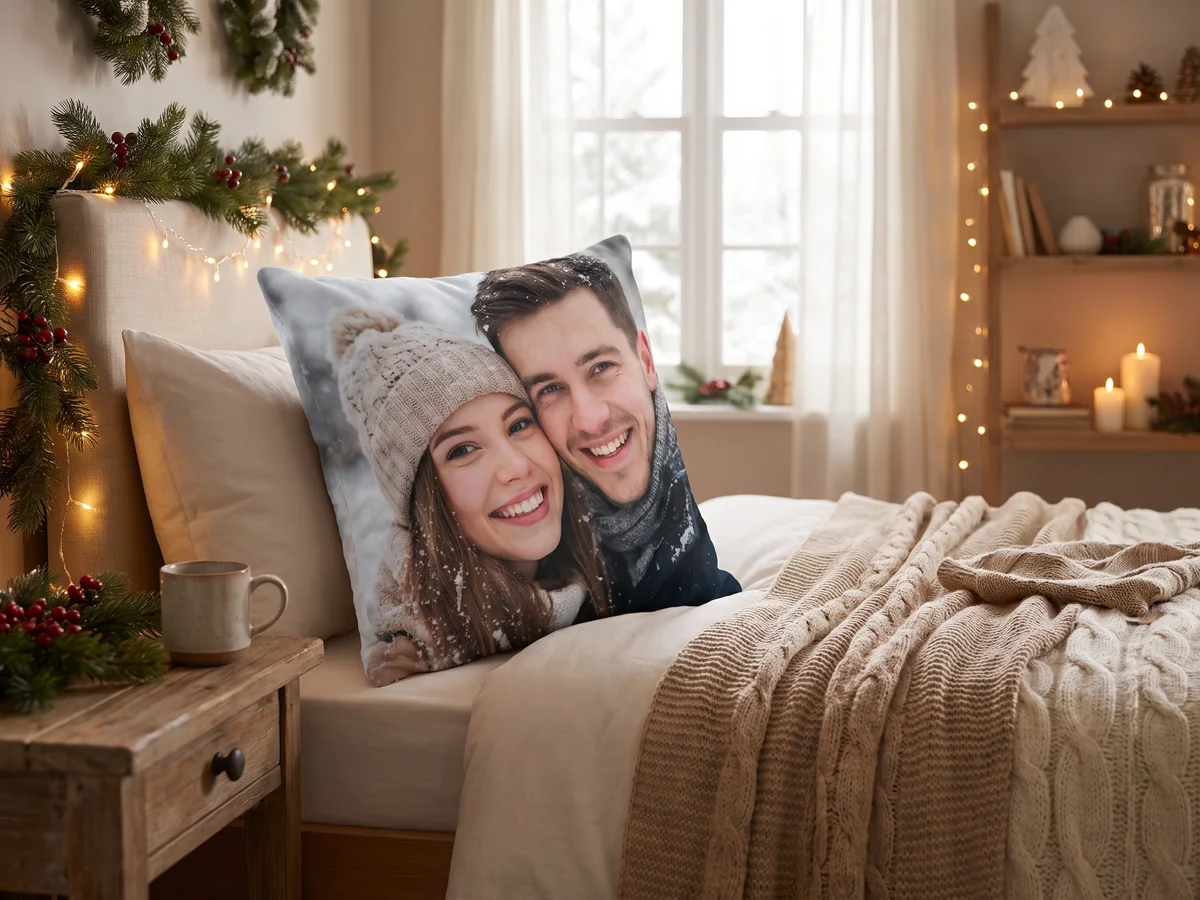 Plüsch-Fotokissen mit Paarfoto auf einem Bett mit Lichterkette