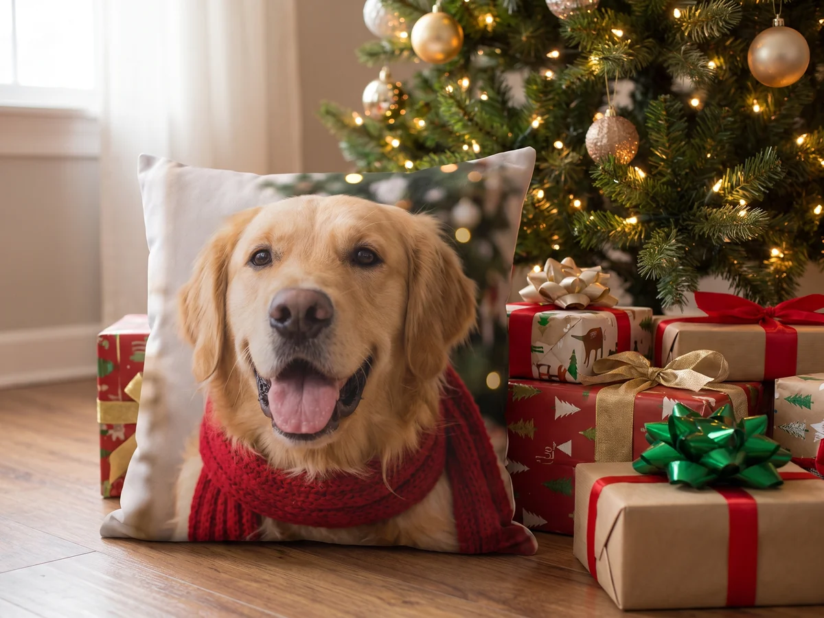 Fotokissen mit Hundefoto unter dem Weihnachtsbaum