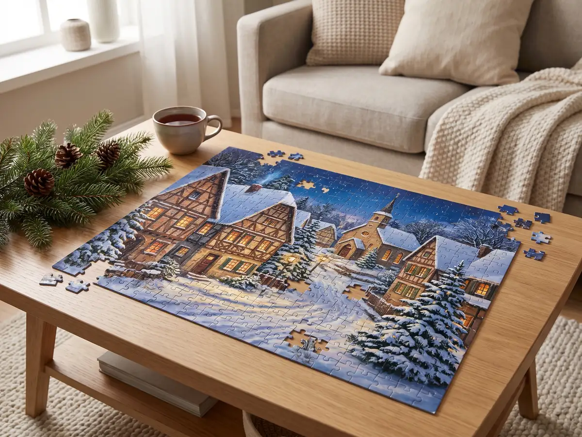 Fotopuzzle mit Winterfoto auf einem Couchtisch