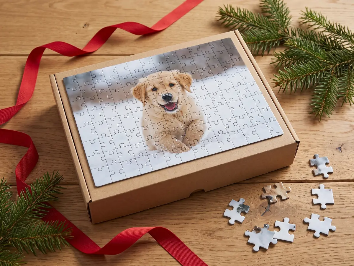 Fotopuzzle mit Hundefoto in einer Geschenkbox