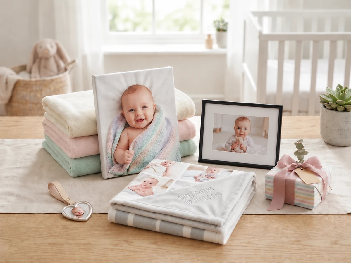 Fotogeschenke zur Geburt: Leinwand, Bilderrahmen und Fotodecke mit Babyfotos