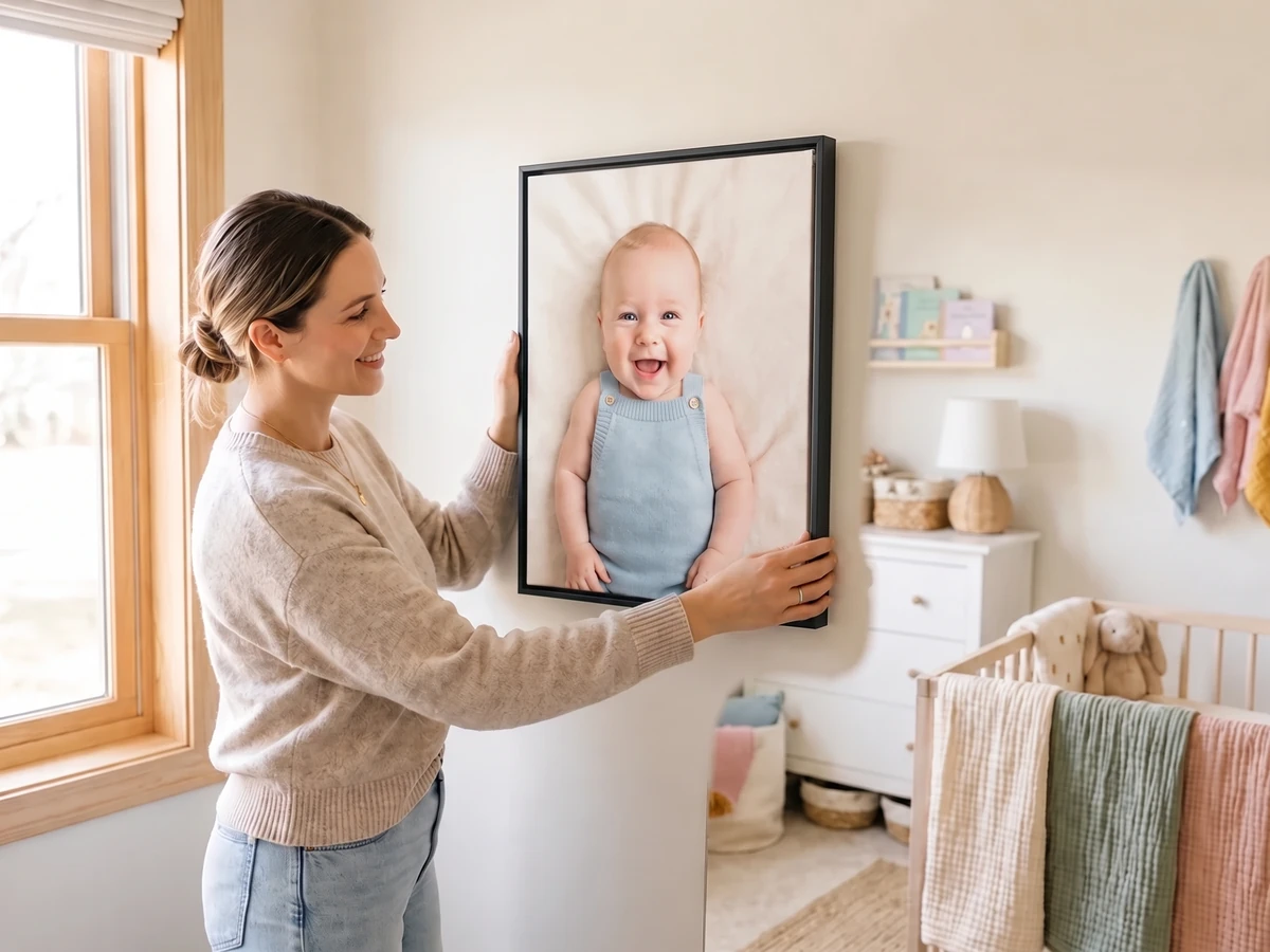 Mutter hängt eine Leinwand mit Babyfoto im Kinderzimmer auf