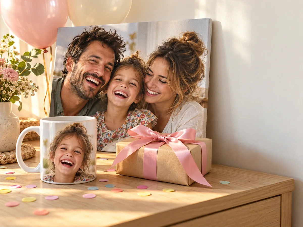 Geburtstagsgeschenke mit Foto: Familien-Leinwand, Fototasse und Geschenk