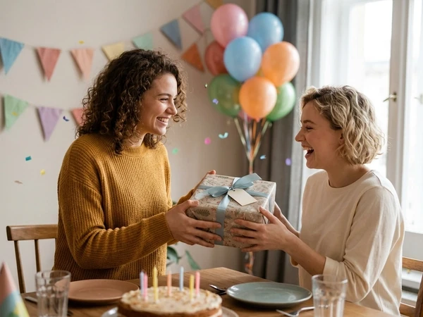 Zwei Freundinnen feiern Geburtstag und überreichen ein Geschenk