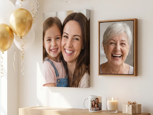 Familienfoto als Leinwand und Foto im Schattenfugenrahmen über einem Wandregal mit Geburtstagsdeko