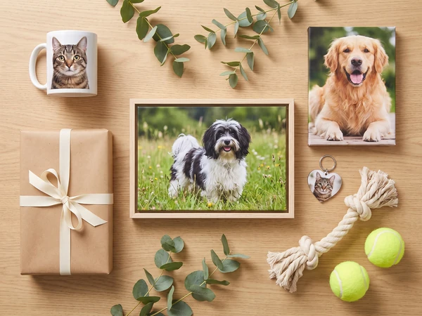 Haustier Geschenke mit Tierfoto: Hunde-Leinwand, Foto im Schattenfugenrahmen, Fototasse und Schlüsselanhänger