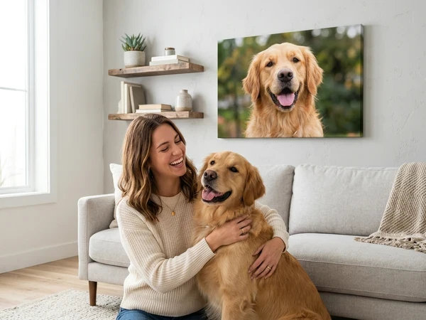Frau mit Golden Retriever vor der Leinwand ihres Hundes