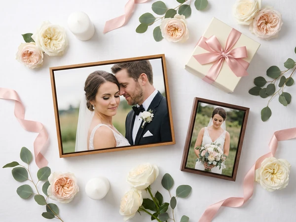 Hochzeitsgeschenke mit Foto: Hochzeitsfotos in schmalen Schattenfugenrahmen zwischen Rosen