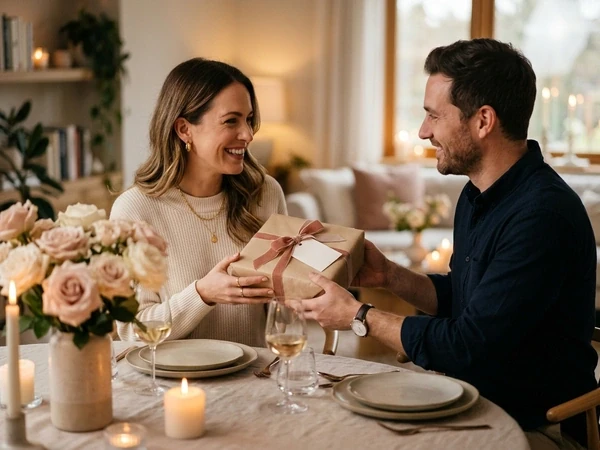 Paar beim Abendessen zum Jahrestag mit Geschenk