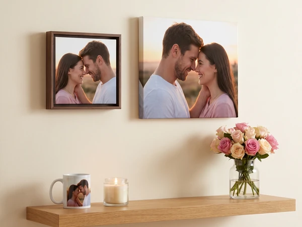 Paarfoto als Leinwand und Foto im Schattenfugenrahmen über einem Wandregal mit Rosen