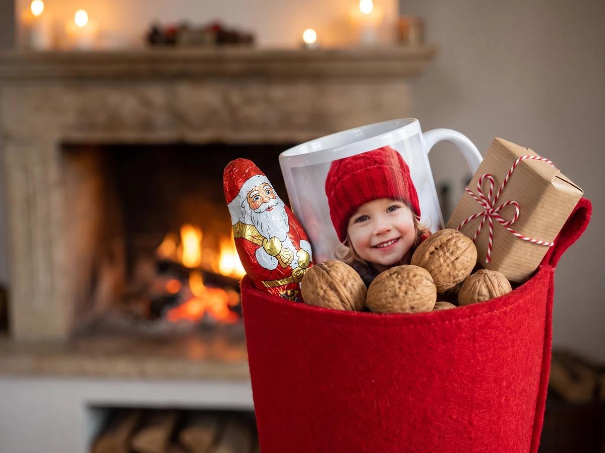 Nikolausstiefel mit Fototasse und kleinen Geschenken vor einem Kamin