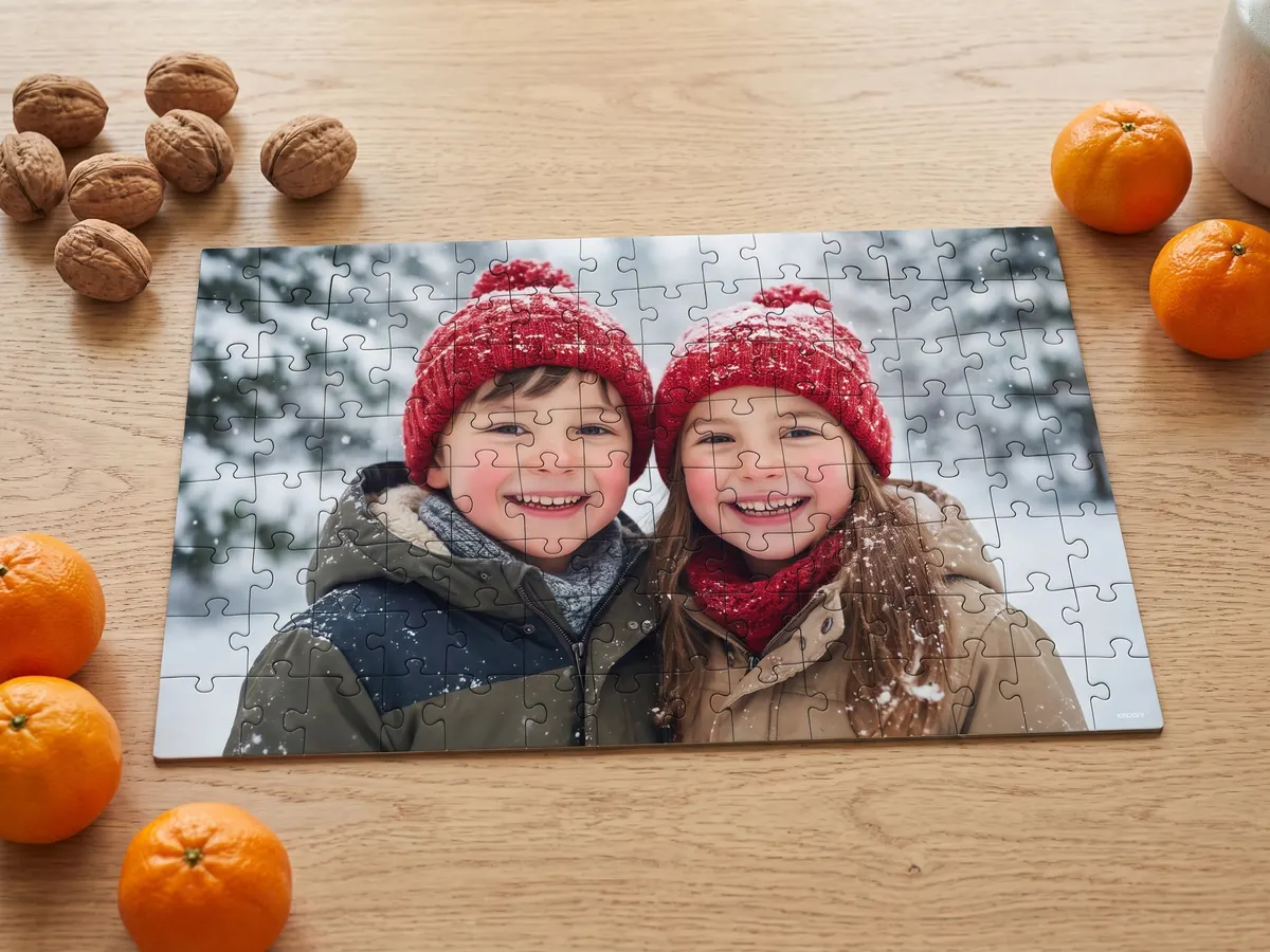 Fotopuzzle mit Foto von zwei Kindern im Schnee