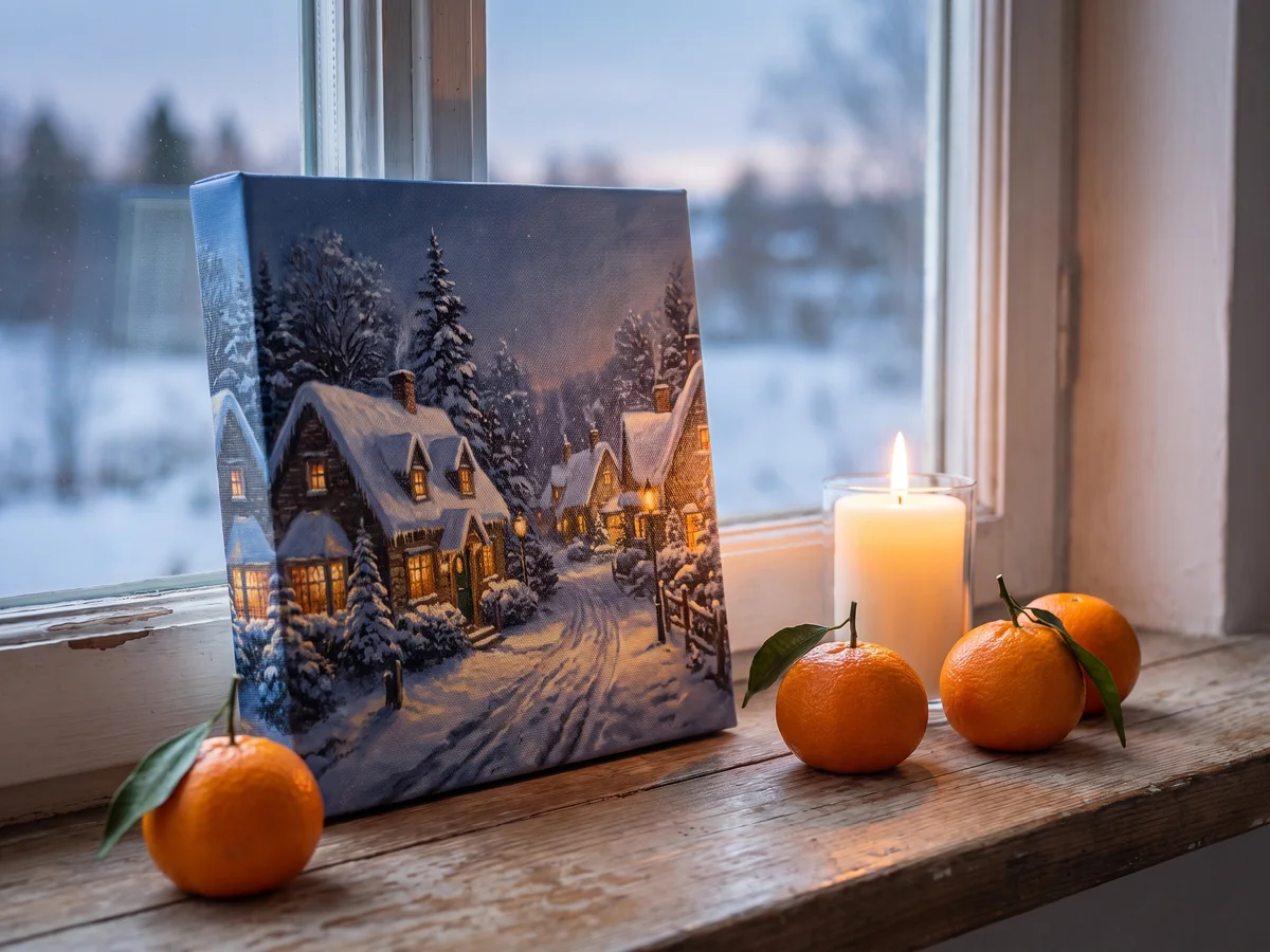 Kleine Leinwand mit Winterfoto auf einer Fensterbank
