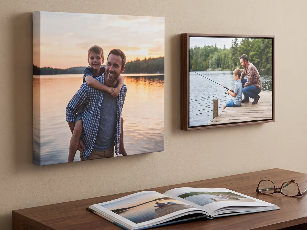 Vatertagsgeschenke mit Foto: Leinwand, Fotobuch und Foto im Schattenfugenrahmen