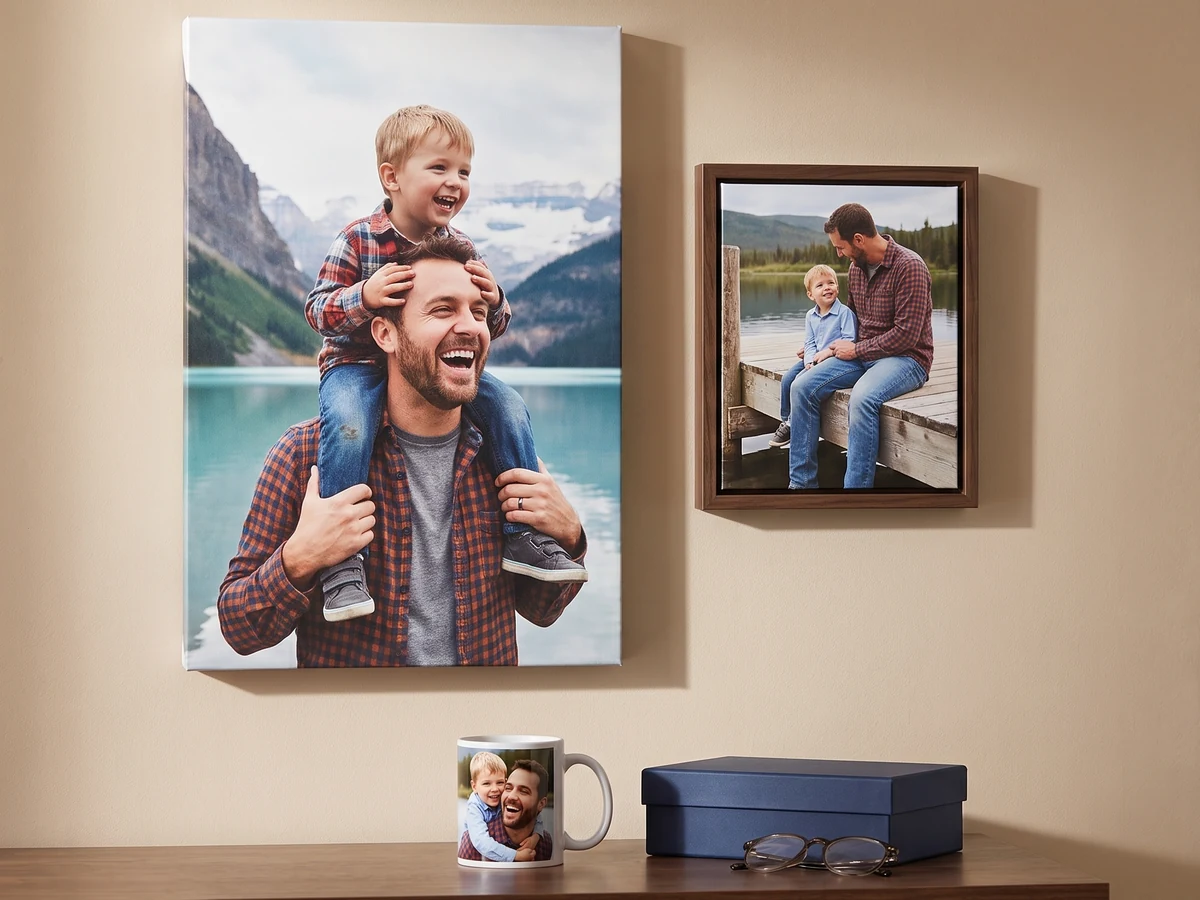 Leinwand von Vater und Sohn mit Fototasse, Geschenk und Foto im Schattenfugenrahmen