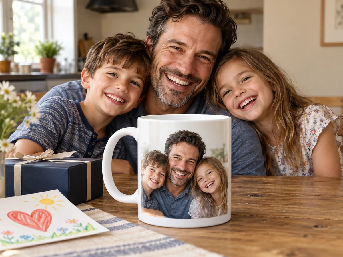 Vater mit Kindern und einer Fototasse mit ihrem Familienfoto