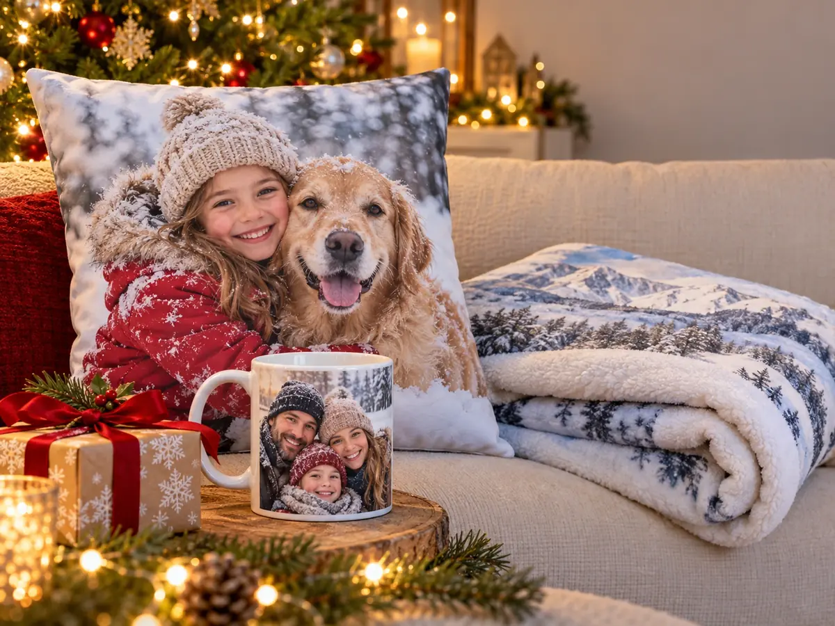 Fotokissen, Fotodecke und Fototasse unterm Weihnachtsbaum