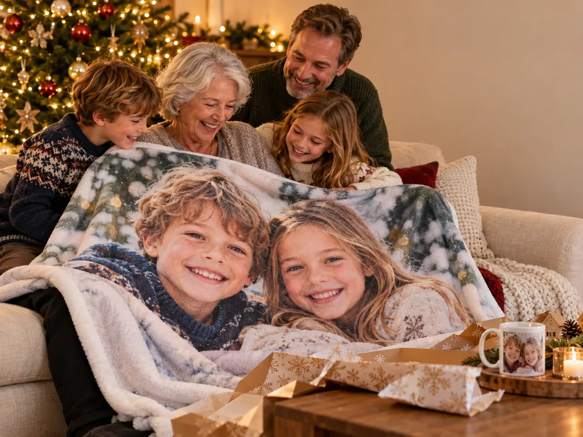 Familie packt eine Fotodecke mit Kinderfoto zu Weihnachten aus