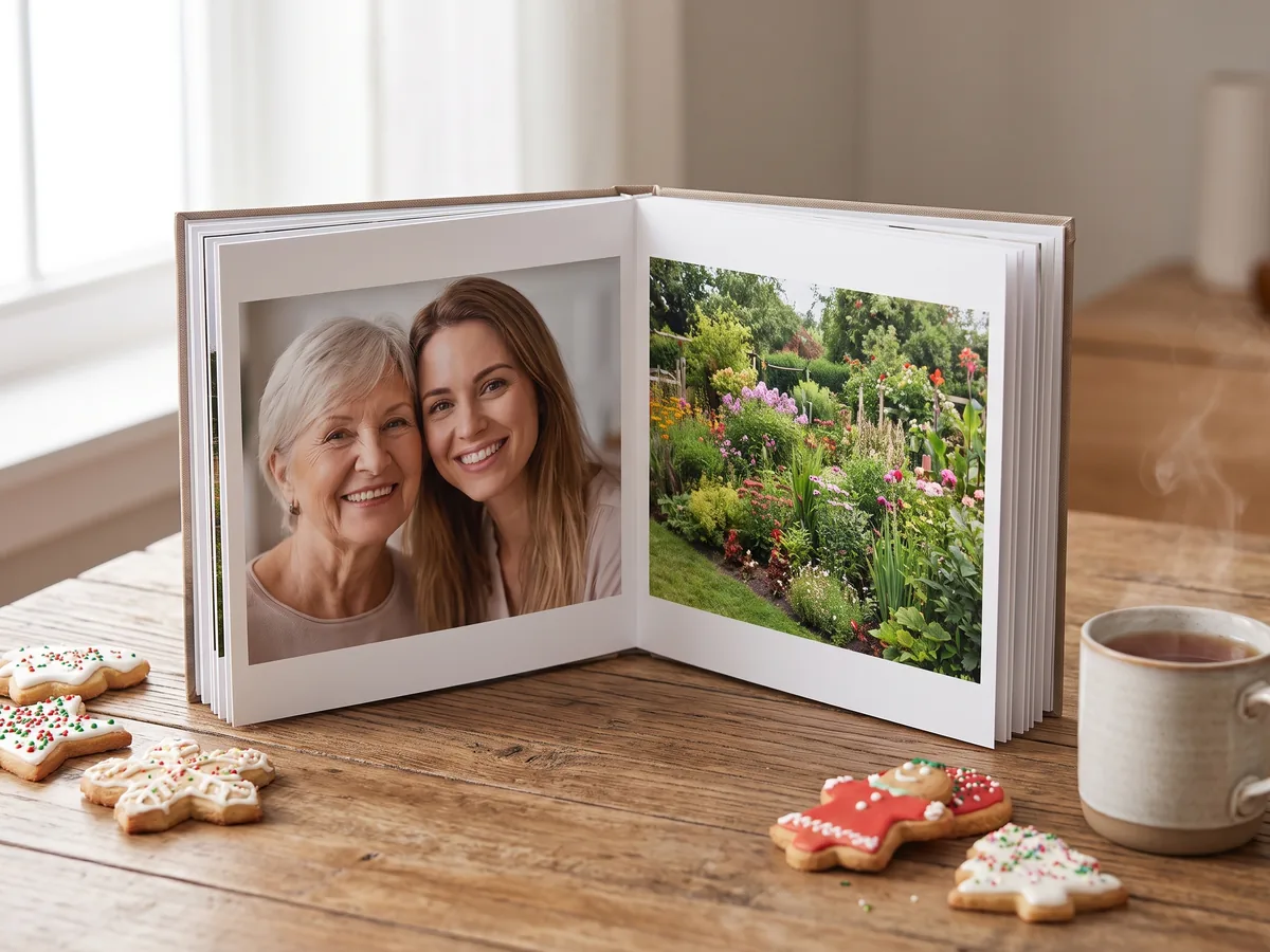 Fotobuch mit Familienfotos neben Tee und Plätzchen