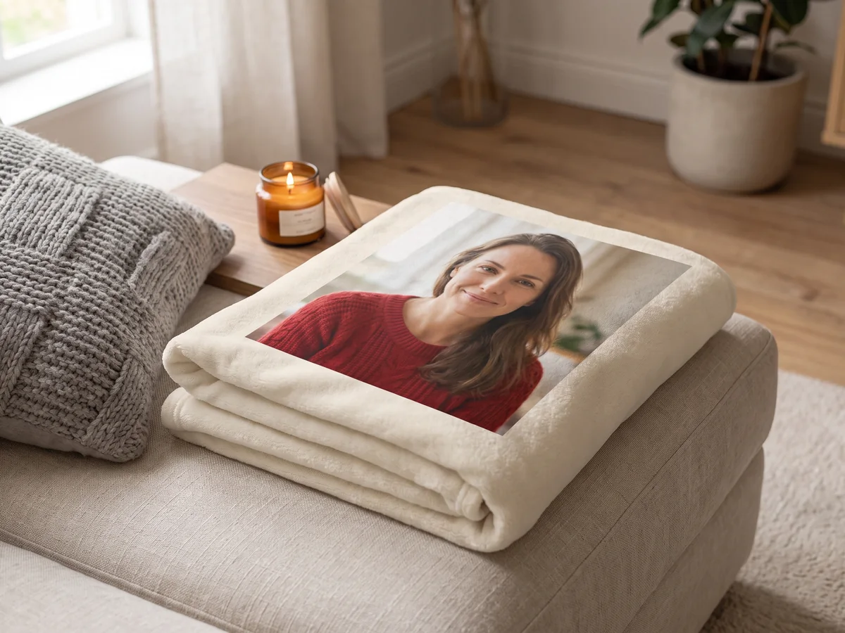 Kuscheldecke mit Foto einer Frau auf einem hellen Sofa neben Kerzen