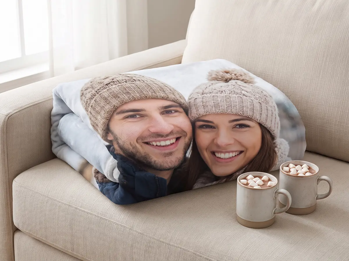 Fotodecke mit Paarfoto auf einem Sofa