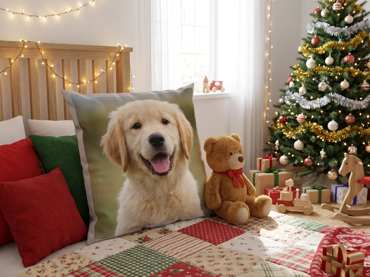 Fotokissen mit Hundefoto auf einem Kinderbett