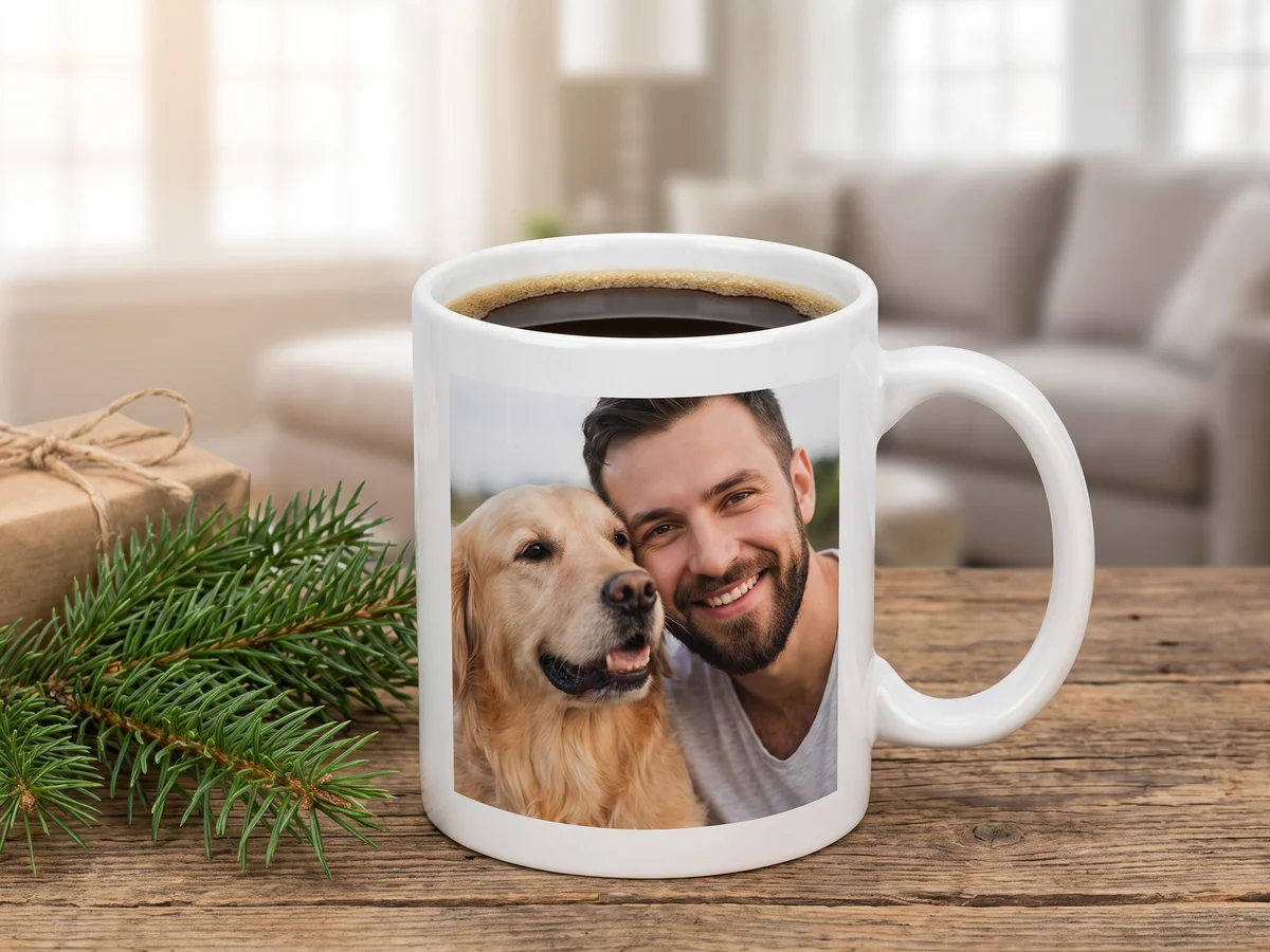Fototasse mit Foto eines Mannes und seines Hundes neben Kaffee