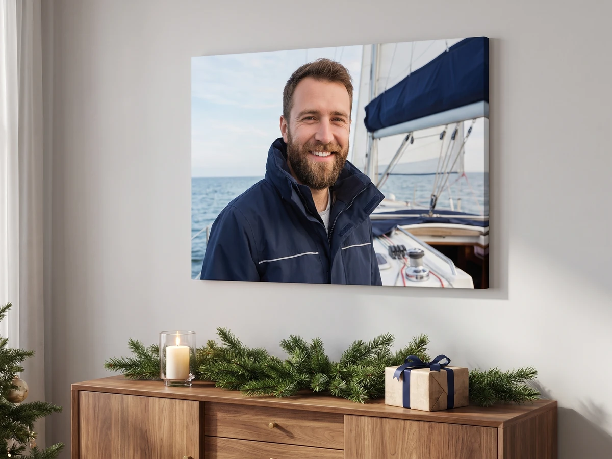 Leinwand im Querformat mit Foto eines Mannes auf einem Segelboot über einem Sideboard