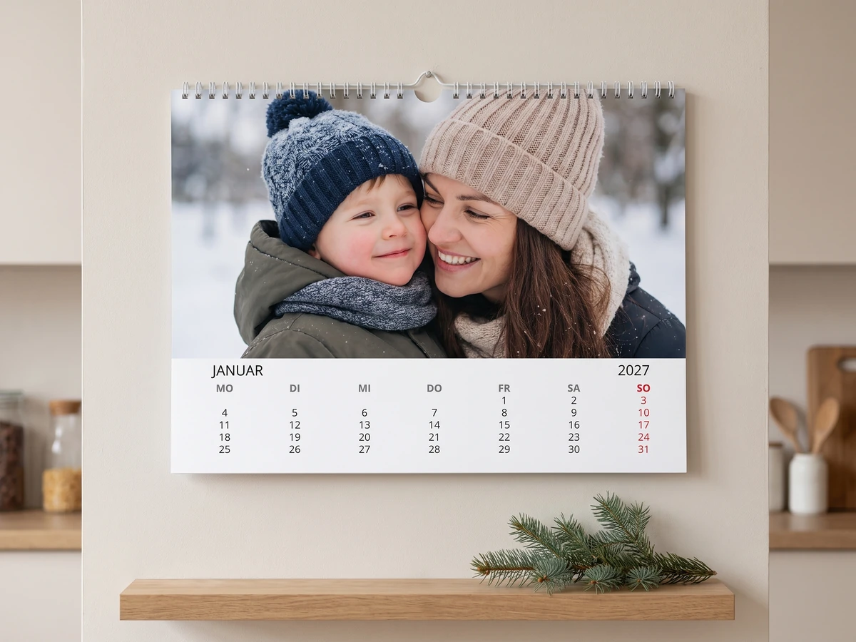 Fotokalender mit Foto von Mutter und Kind an einer Küchenwand