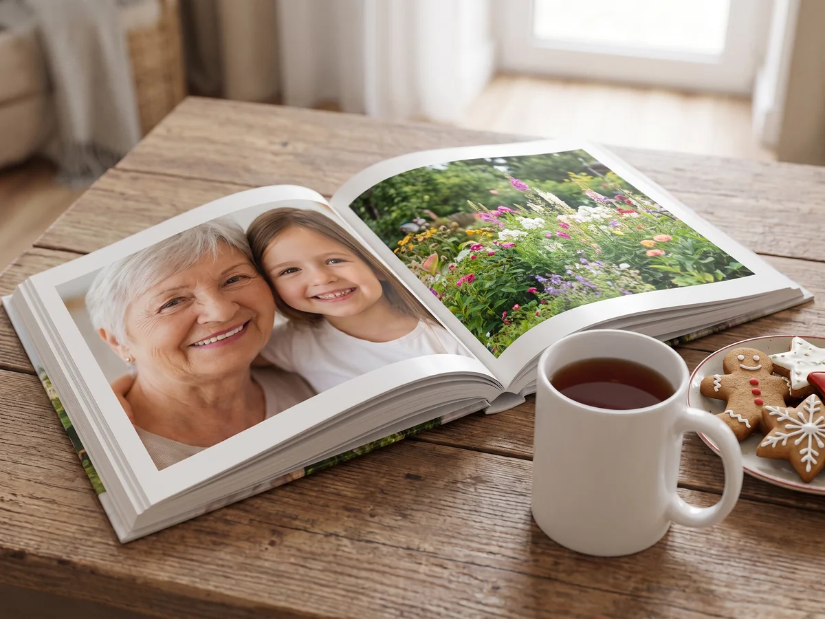 Fotobuch mit Foto von Oma und Enkelin neben Tee und Plätzchen