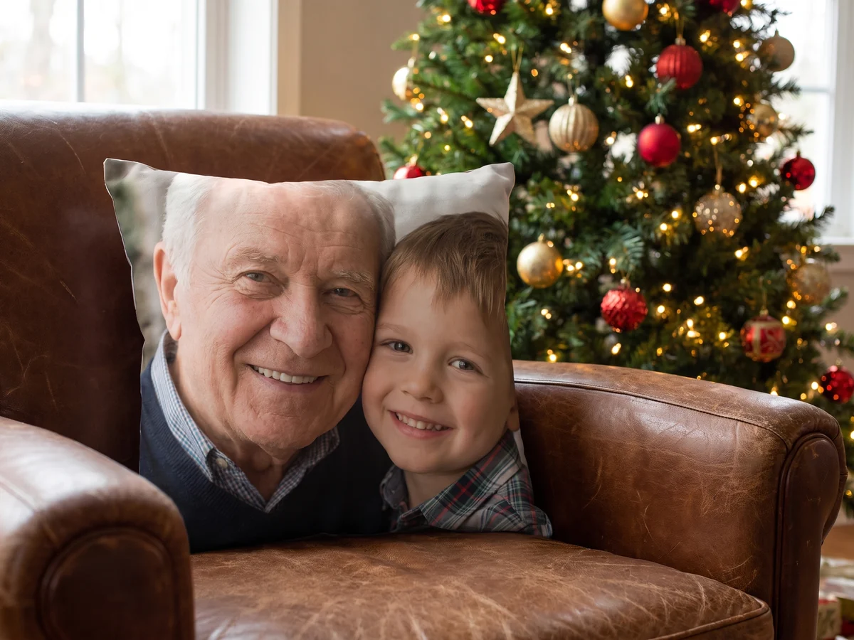 Fotokissen mit Foto von Opa und Enkel auf einem Sessel