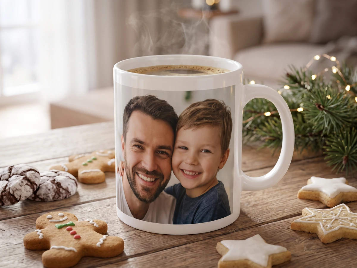 Fototasse mit Foto von Vater und Sohn neben Plätzchen