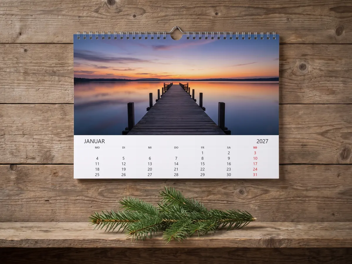 Fotokalender mit Foto eines Stegs am See an einer Holzwand
