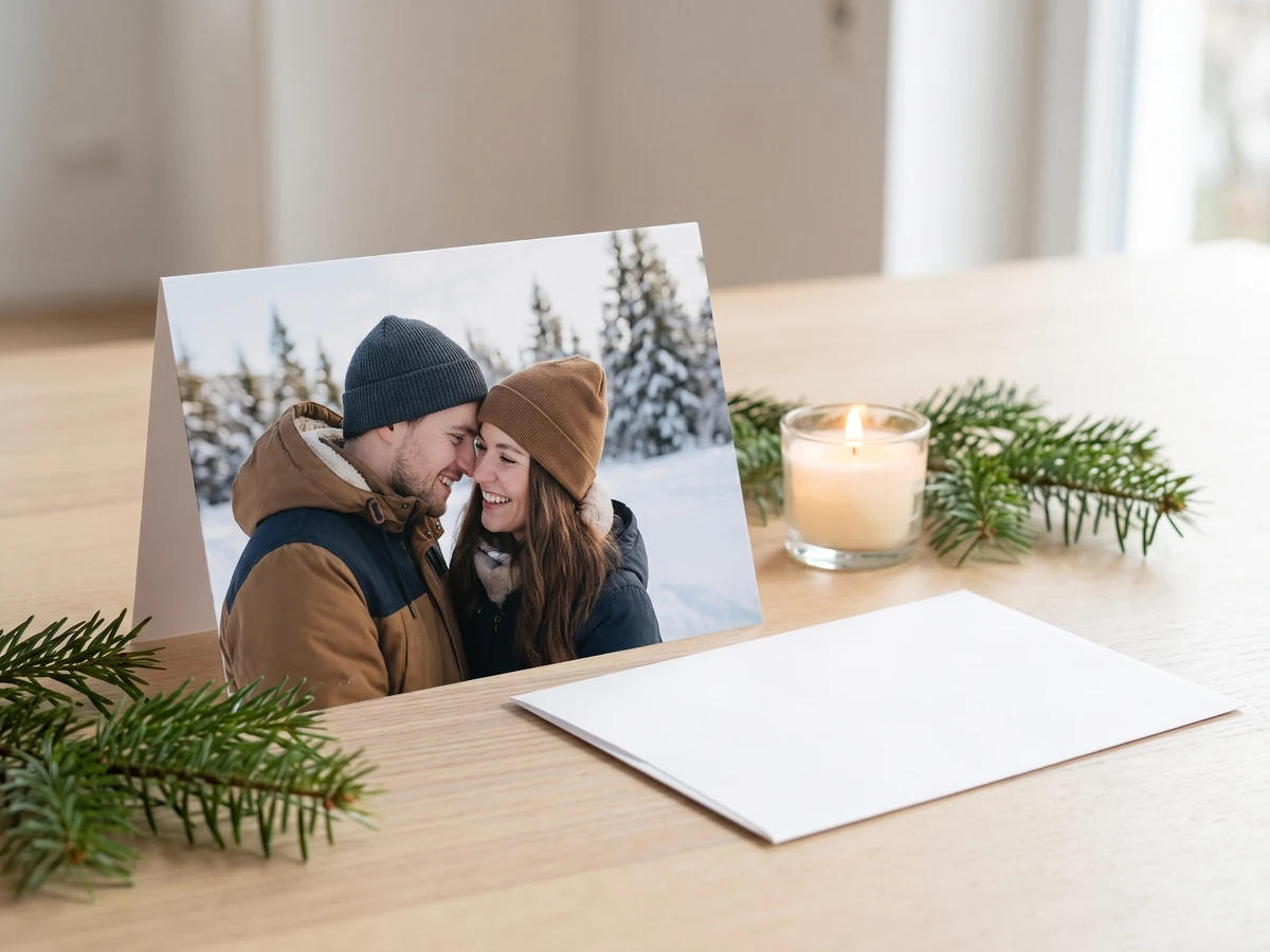 Fotoklappkarte mit Winterfoto auf einem Tisch