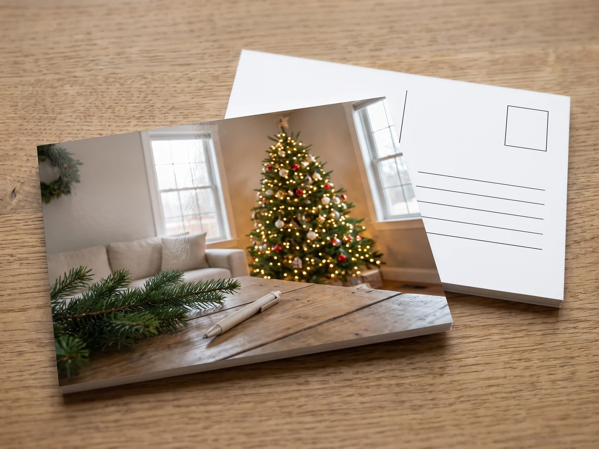 Fotopostkarten mit Weihnachtsfotos auf einem Tisch