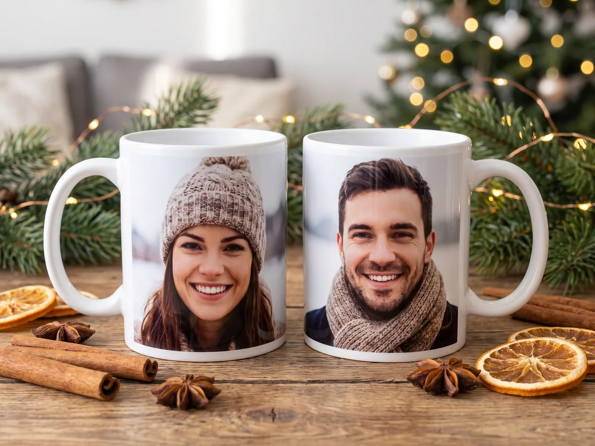 Zwei Weihnachtstassen mit Paarfotos neben Glühwein