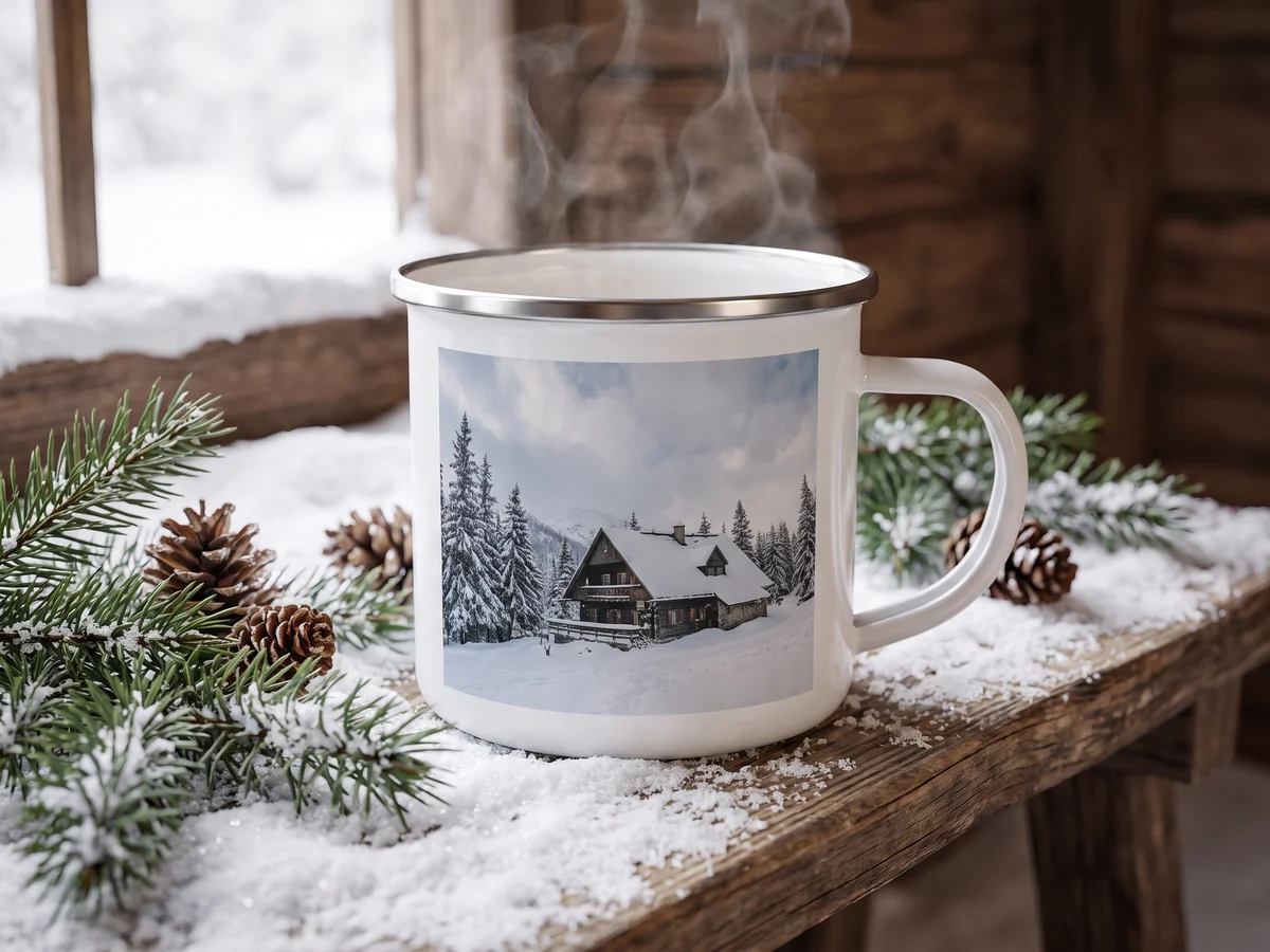 Emaille-Tasse mit Winterfoto auf einer Holzbank im Schnee