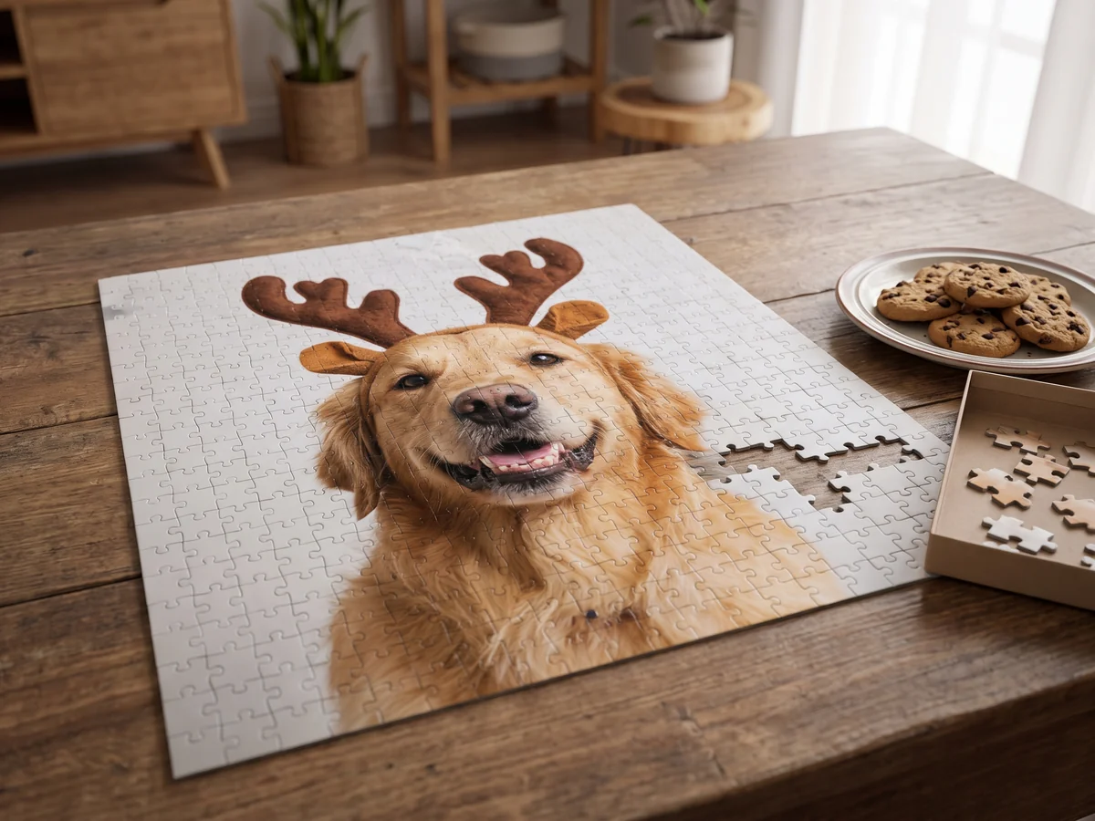 Fotopuzzle mit lustigem Hundefoto neben Plätzchen