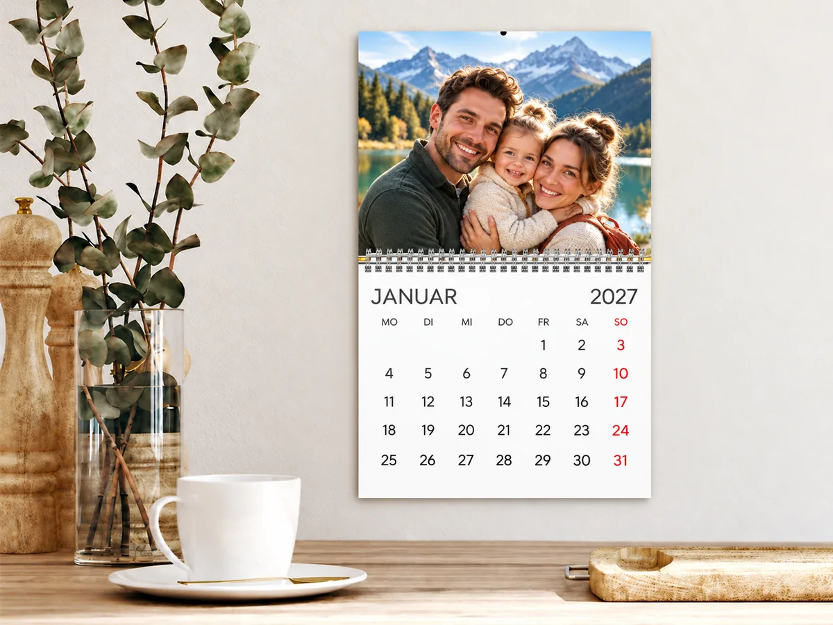 Klappkalender 2027 mit Familienfoto an der Wand