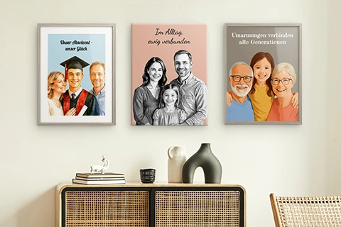 gerahmte familienportraets an der wand