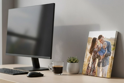 Mini-Leinwand auf einem Schreibtisch mit einem Familienfoto